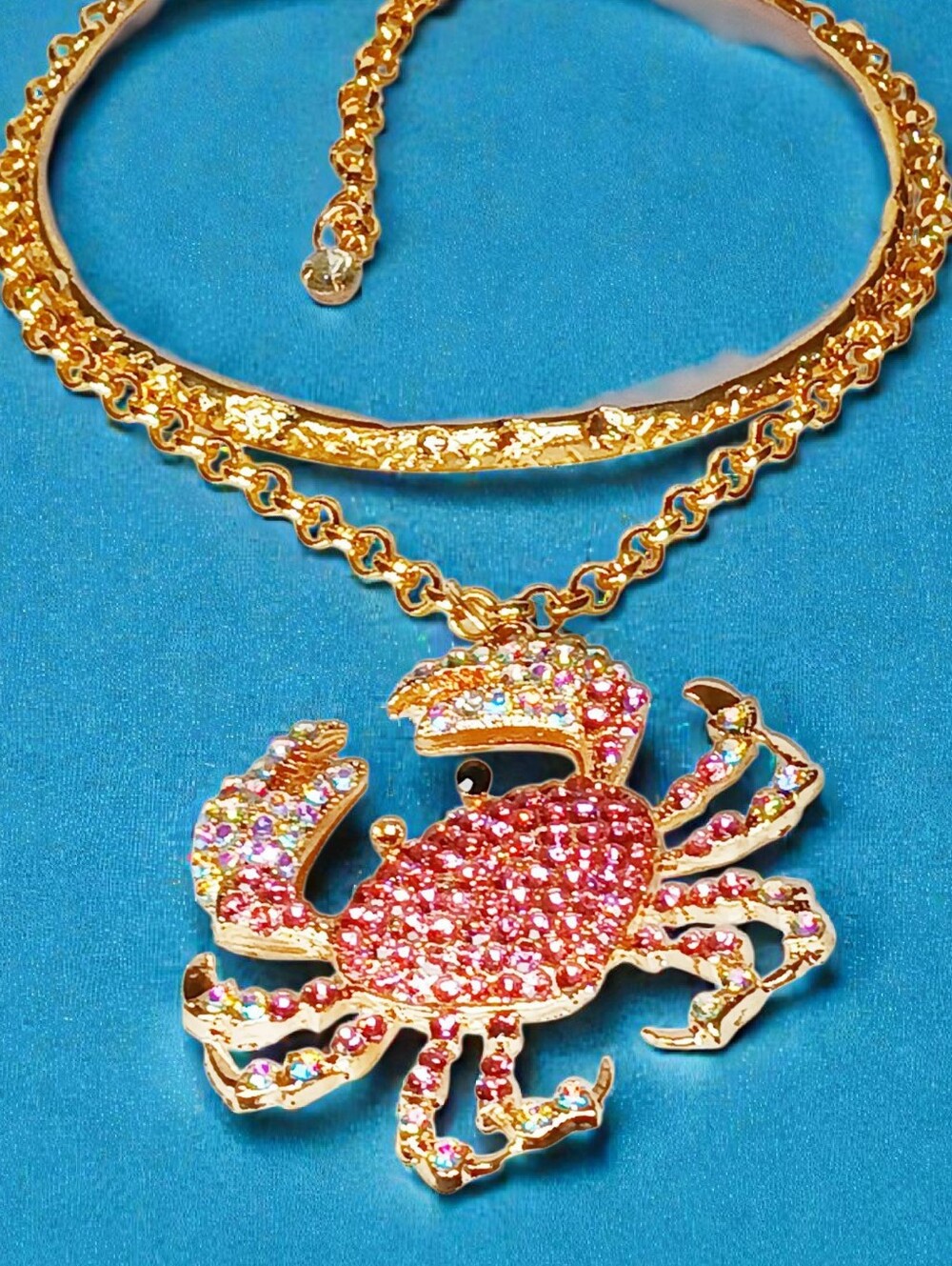 Gold Pink Crab Pendant Necklace Oceancore Seaside Iced Out Glamoratti Cancer 00s